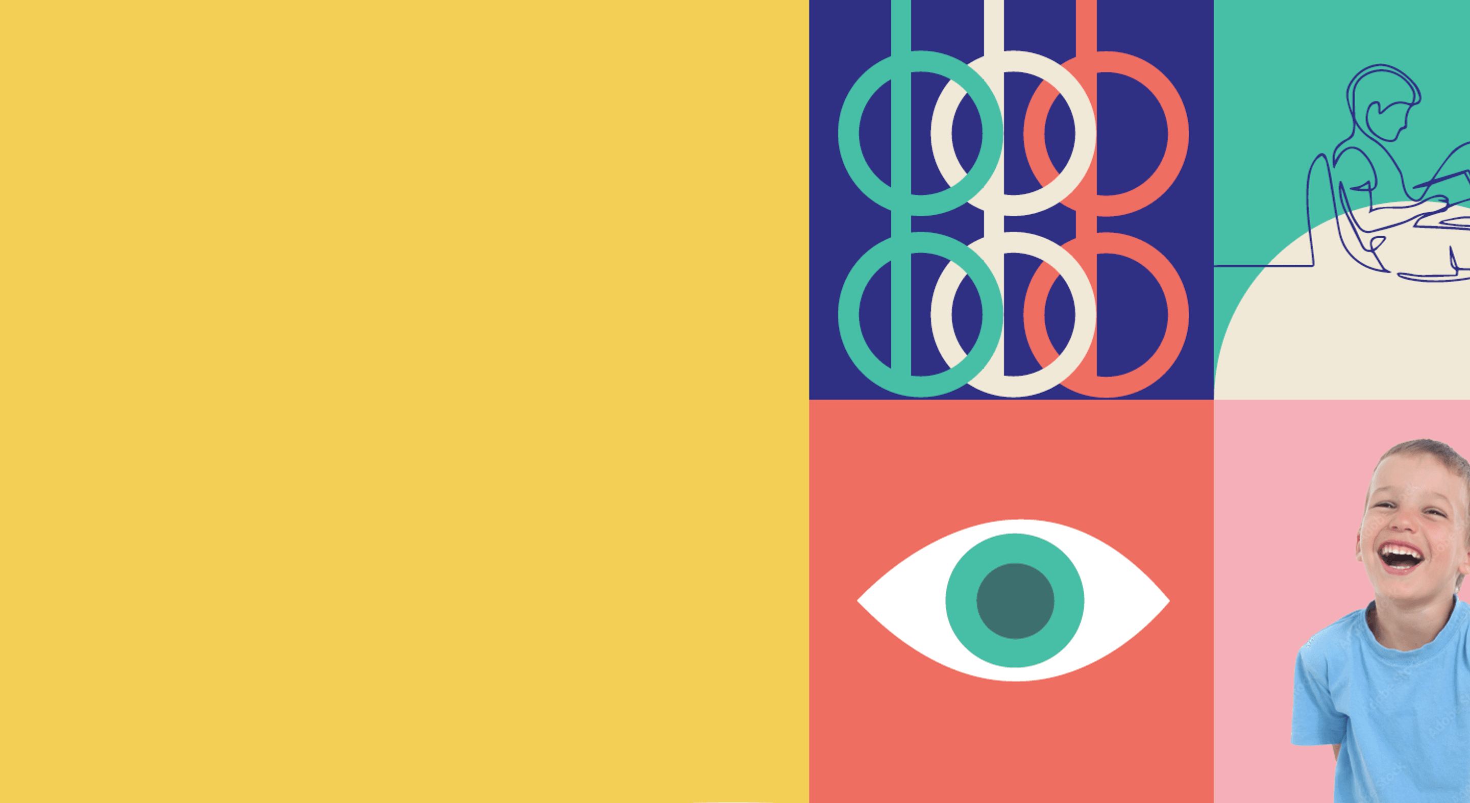 Illustrated panels showing lenses, an eye examination, an eye and a smiling child