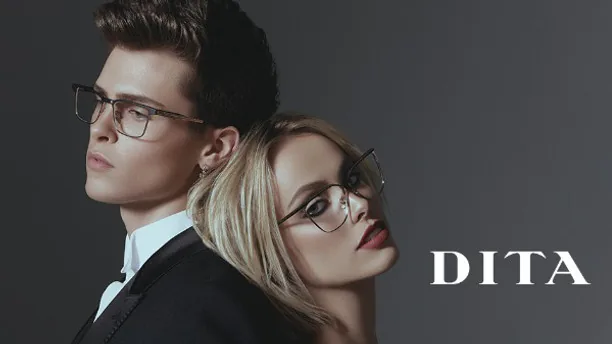 A man and a woman wearing DITA glasses
