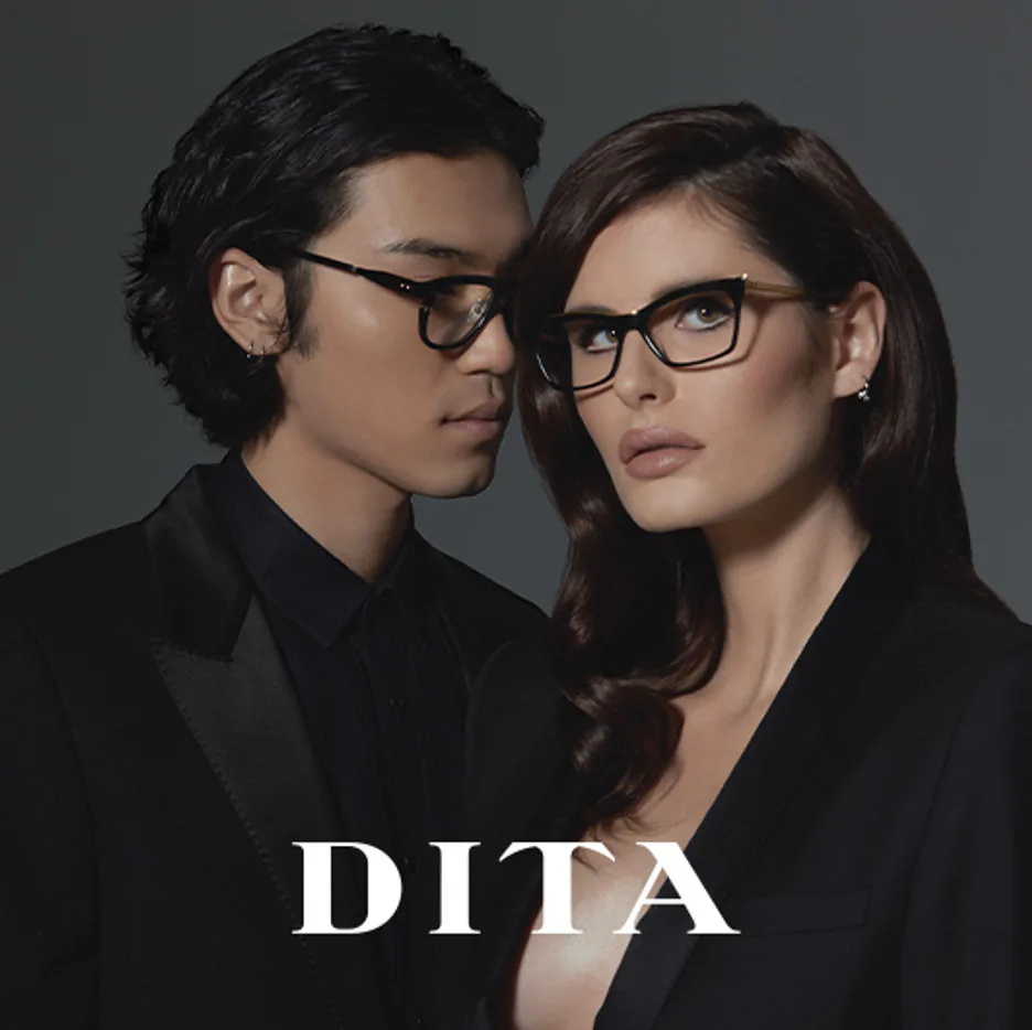 Two models wearing DITA glasses against a dark background