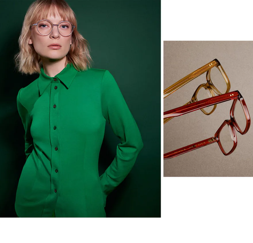 A model wearing Götti acetate frames, beside a pair of red acetate frames
