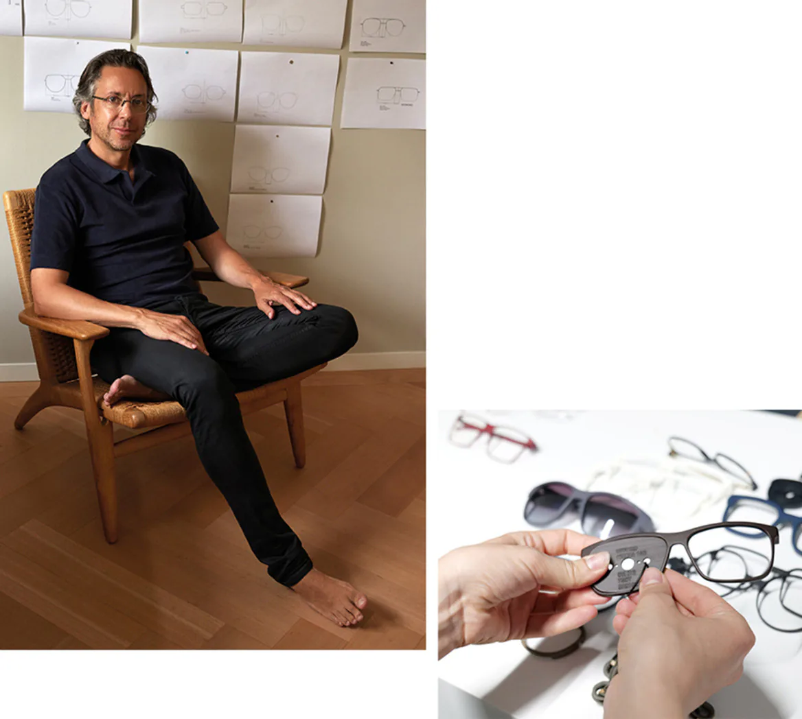 Designer Sven Götti seated in his studio, and hands assembling a frame