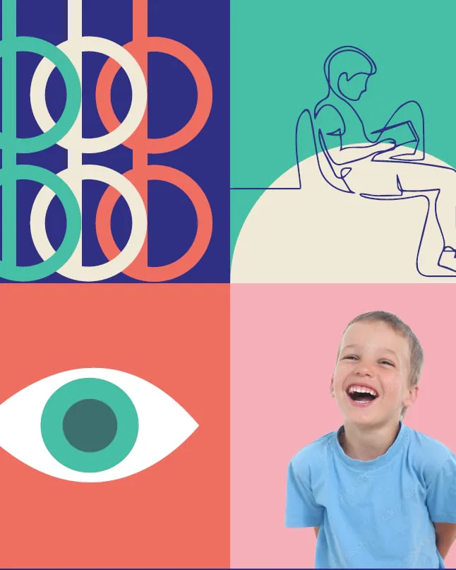Illustrated panels showing lenses, an eye examination, an eye and a smiling child