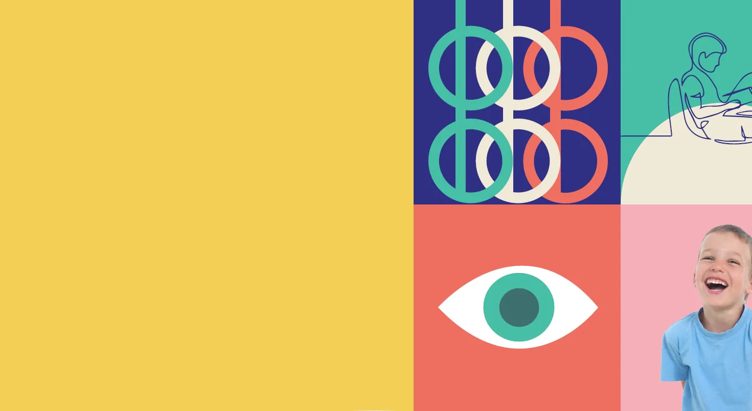 Illustrated panels showing lenses, an eye examination, an eye and a smiling child
