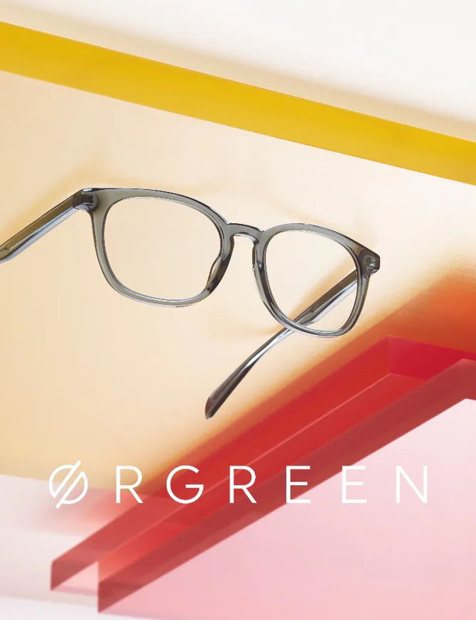 Orgreen glasses on a coloured backdrop