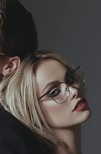 A model wearing DITA cat-eye glasses