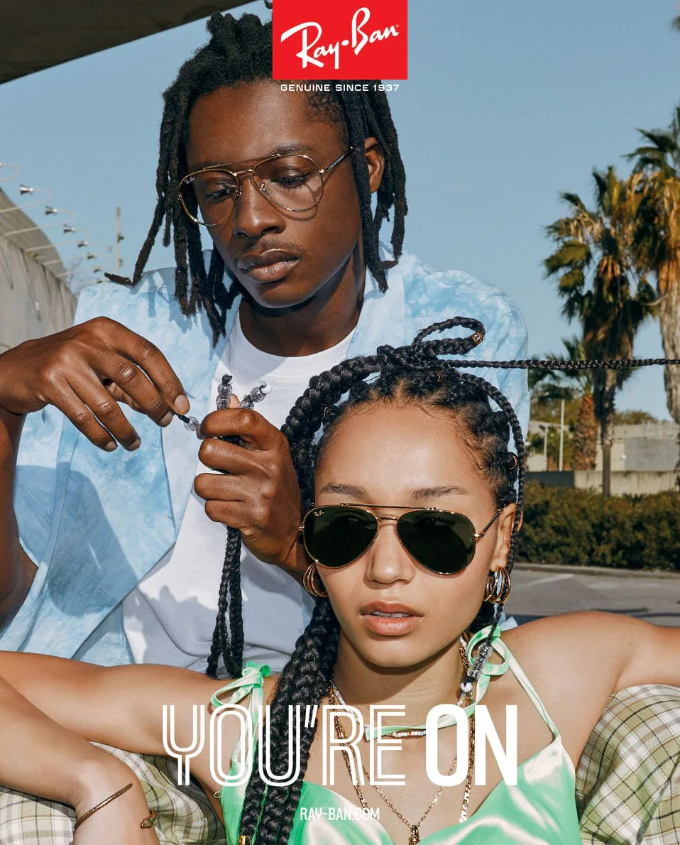 A Ray-Ban campaign image of two people wearing sunglasses
