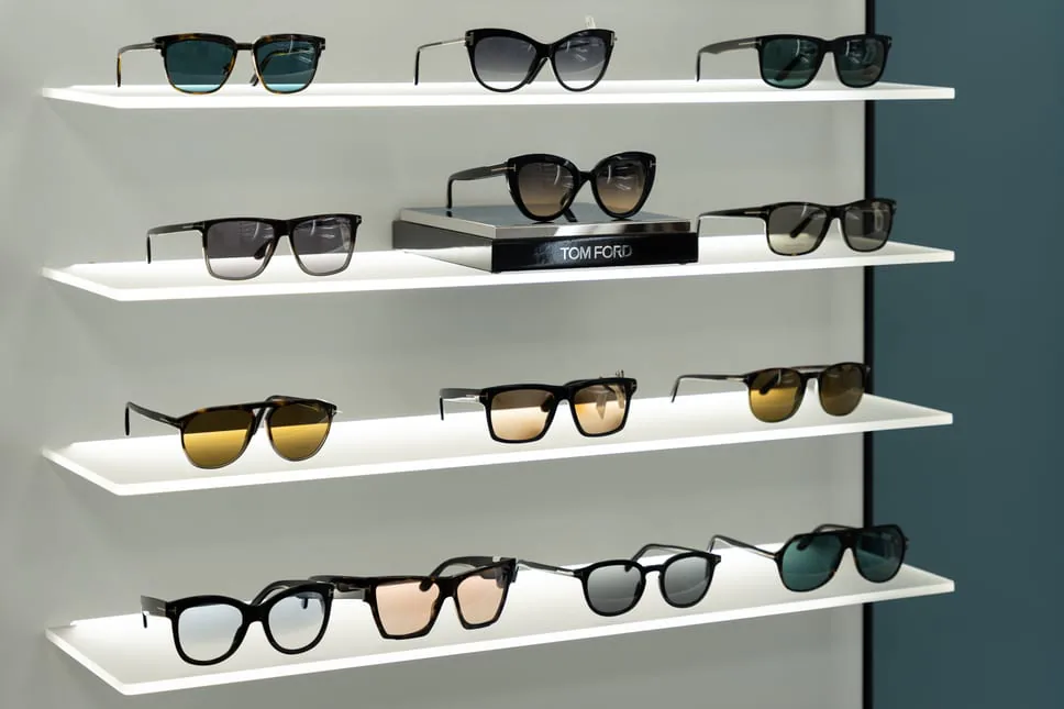 Sunglasses arranged on the practice display shelves